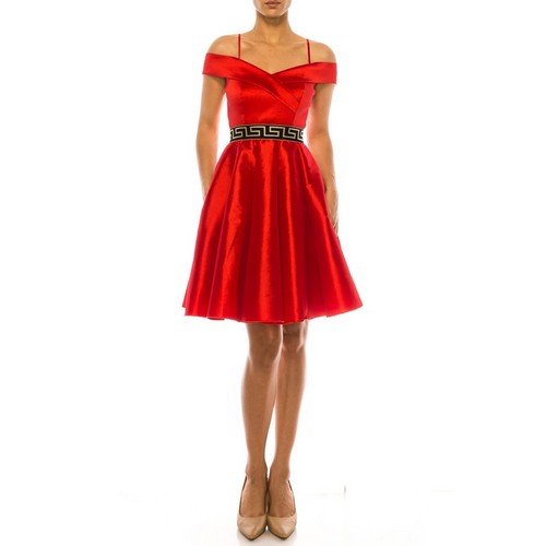 16398 Greek Emblem Off Shoulder Skater Dress in Red