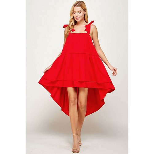 D-2521 Layered Hilo Bow Detail Dress in Red