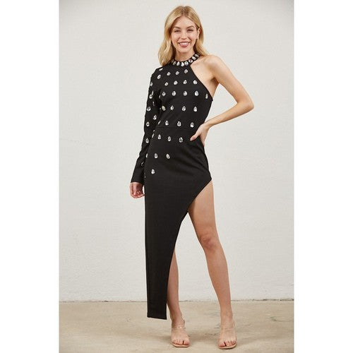 Jewel One-Sleeve High Slit Dress in Black