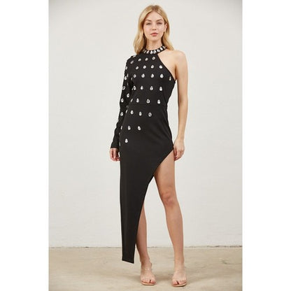 Jewel One-Sleeve High Slit Dress in Black