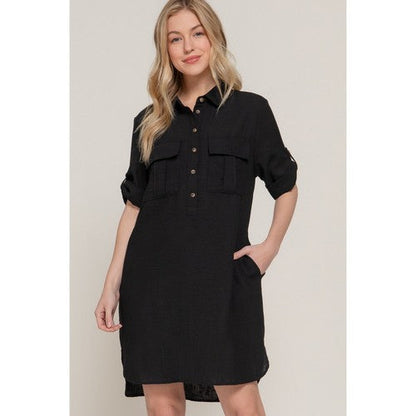 D14233 Linen-Look Roll-Up Sleeve Shirt Dress in Black