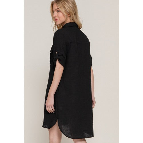 Linen-Look Roll-Up Sleeve Shirt Dress in Black