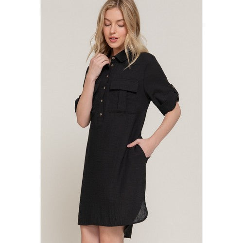 Linen-Look Roll-Up Sleeve Shirt Dress in Black