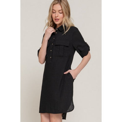 Linen-Look Roll-Up Sleeve Shirt Dress in Black