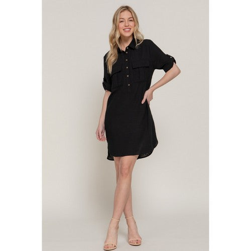 Linen-Look Roll-Up Sleeve Shirt Dress in Black