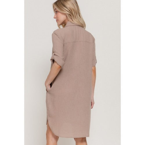 Linen-Look Roll-Up Sleeve Shirt Dress in Khaki