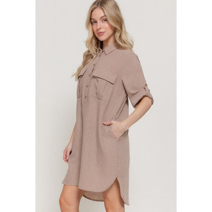 Linen-Look Roll-Up Sleeve Shirt Dress in Khaki