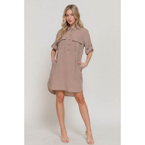 Linen-Look Roll-Up Sleeve Shirt Dress in Khaki