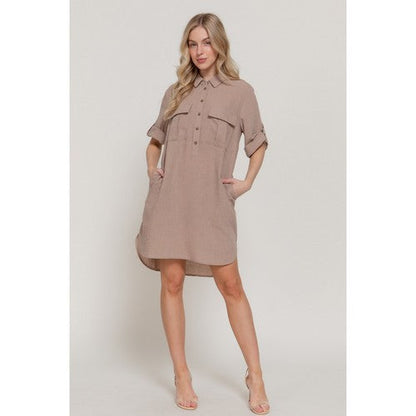 Linen-Look Roll-Up Sleeve Shirt Dress in Khaki