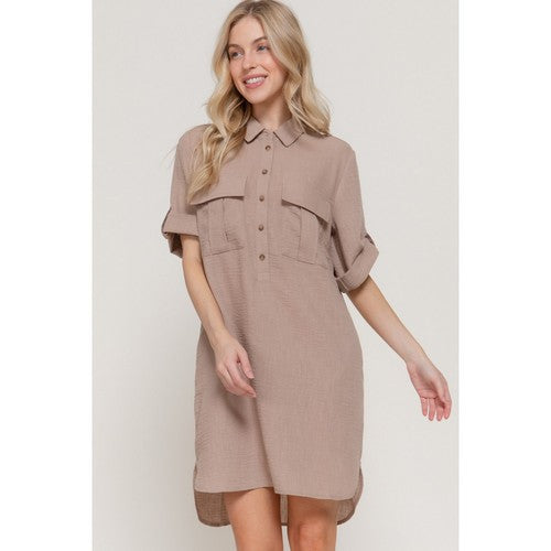 D14233 Linen-Look Roll-Up Sleeve Shirt Dress in Khaki
