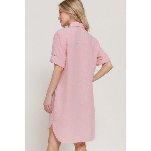 Linen-Look Roll-Up Sleeve Shirt Dress in Pink