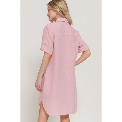 Linen-Look Roll-Up Sleeve Shirt Dress in Pink