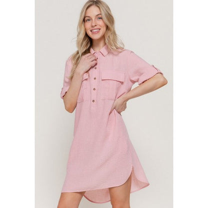 Linen-Look Roll-Up Sleeve Shirt Dress in Pink