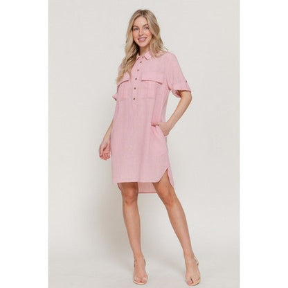 Linen-Look Roll-Up Sleeve Shirt Dress in Pink