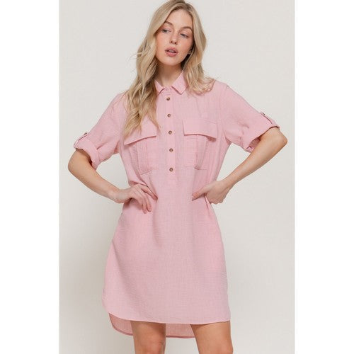 D14233 Linen-Look Roll-Up Sleeve Shirt Dress in Pink