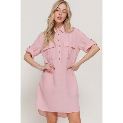 D14233 Linen-Look Roll-Up Sleeve Shirt Dress in Pink