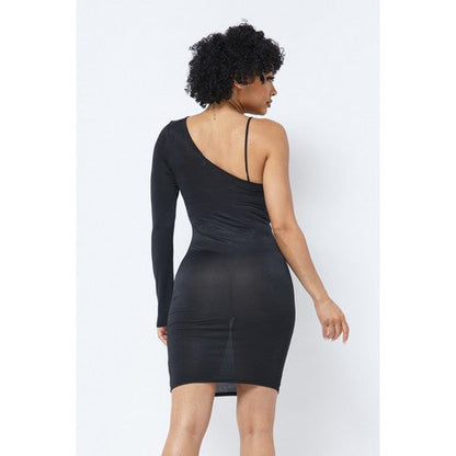 Ice Crushed Satin One Sleeve Bodycon Dress in Black