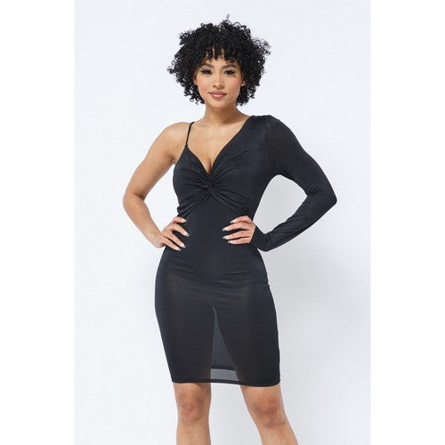 DB1854 Ice Crushed Sateen One Sleeve Bodycon Dress in Black