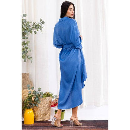 Hi-Lo Belted Denim Shirt Dress in Light Denim