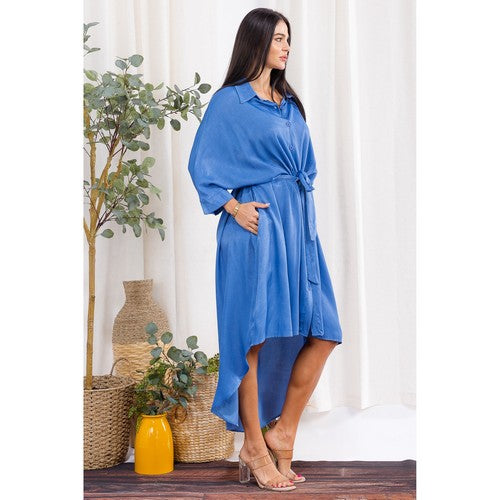 Hi-Lo Belted Denim Shirt Dress in Light Denim