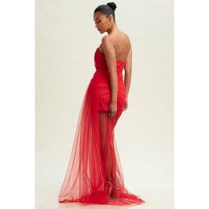 Tulle Train Tube Gown in Red