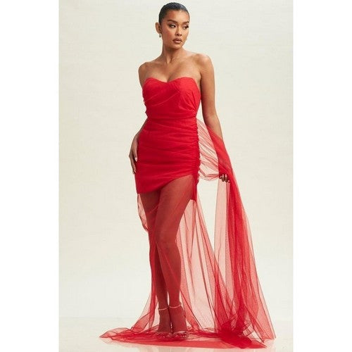 DRESS-ST9752-C Tulle Train Tube Gown in Red