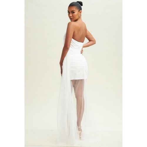 Tulle Train Tube Gown in White