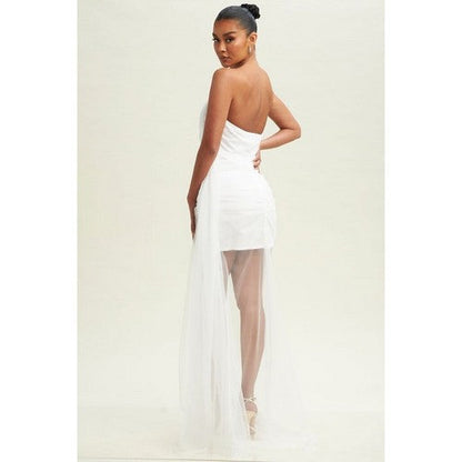 Tulle Train Tube Gown in White