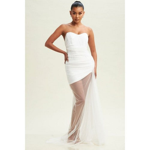 DRESS-ST9752-C Tulle Train Tube Gown in White