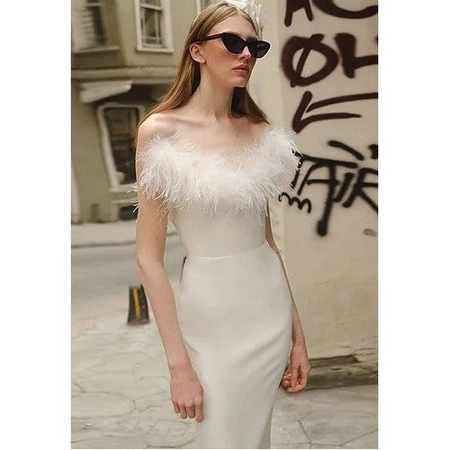 Feather Trim Tube Gown in White