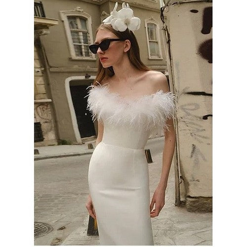 Feather Trim Tube Gown in White
