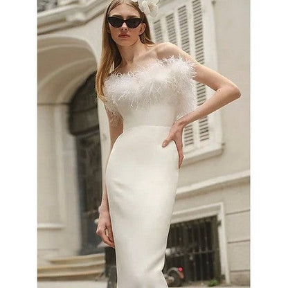 Feather Trim Tube Gown in White