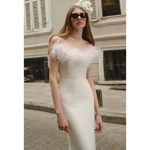 CHD868264 Feather Trim Tube Gown in White
