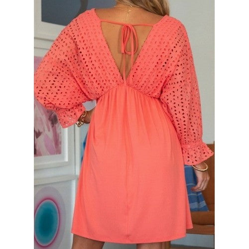 Eyelet Deep V Dress in Rose Pink