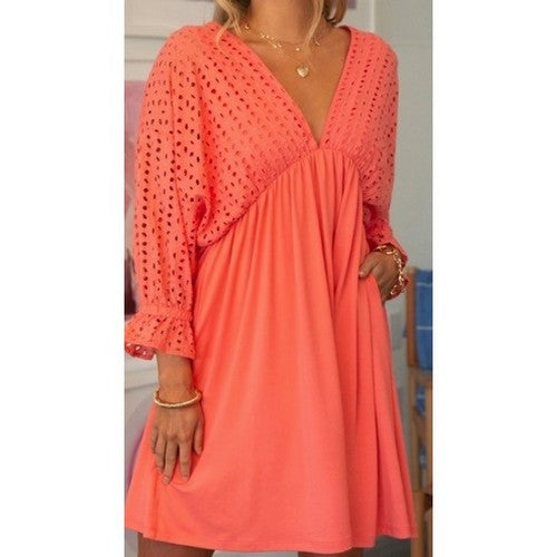 DSD595 Eyelet Deep V Dress in Rose Pink 