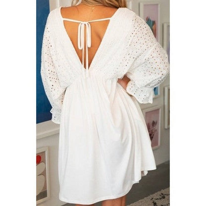 Eyelet Deep V Dress in White