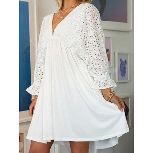 DSD595 Eyelet Deep V Dress in White