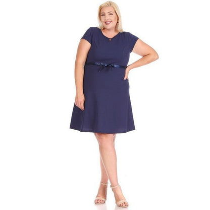 Fit & Flare Ribbon Belt Dress in Navy