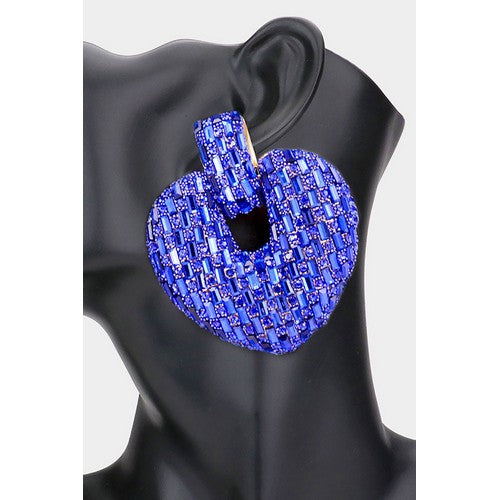 EVE2363 Oversized Rhinestone Embellished Evening Earrings Gold/Royal Blue