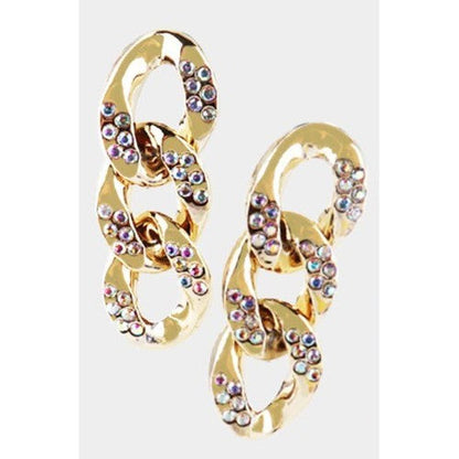 PKE4674-GD-RH Round Rhinestone Metal Chain Link Earrings Gold