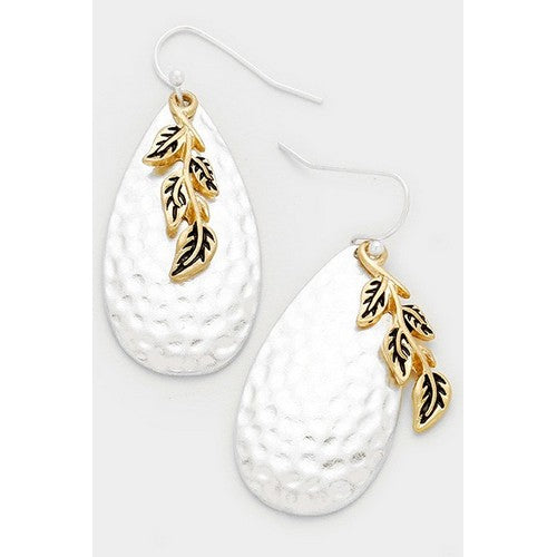 ME015 Hammered Teardrop Leaf Charm Dangle Earrings