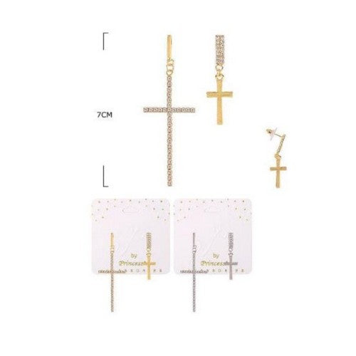 ES-50230GS Assimetric Rhinestone Cross Earrings