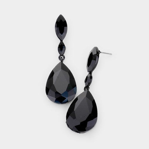 FE1297-BK-JET Marquise Stone Teardrop Link Evening Earrings Black