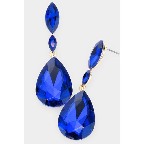 FE1297-G-SA Marquise Stone Teardrop Link Evening Earrings Sapphire 