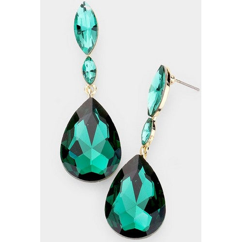 FE1297-G-EME Marquise Stone Teardrop Link Evening Earrings Emerald