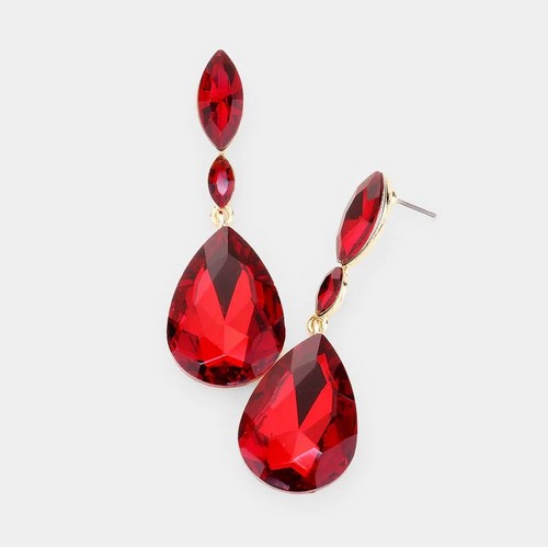 FE1297-G-SI Marquise Stone Teardrop Link Evening Earrings Red