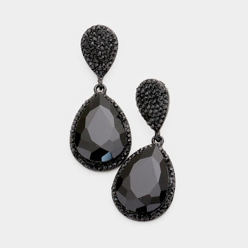 FE1300-BK-JET Rhinestone Teardrop Crystal Earrings Black