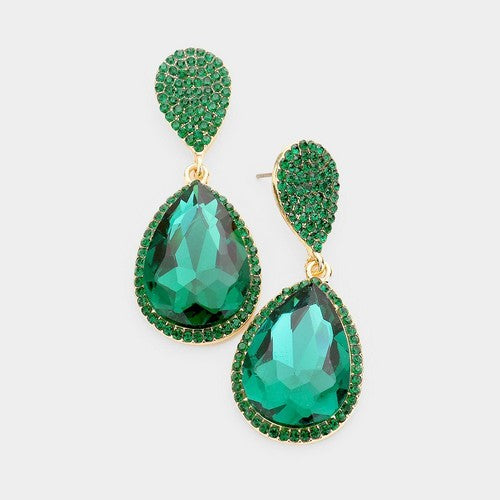 FE1300-G-EME Rhinestone Teardrop Crystal Earrings Emerald