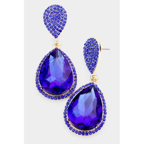 FE1300-G-SA Rhinestone Teardrop Crystal Earrings Sapphire