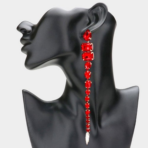 KE2426-GD-LSM Oversize Long Crystal Earring Red